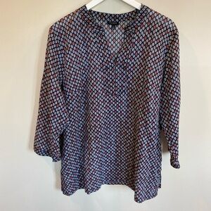 Talbots Womens Black Red 100% Cotton Semi sheer 3/4 Sleeve Blouse Size Xl V Neck